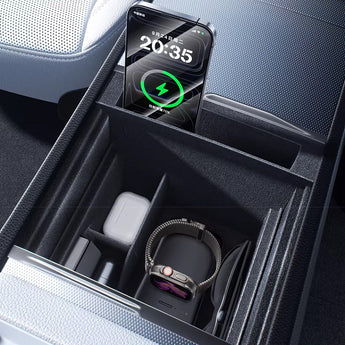 Flocked center console storage tray with phone slot and accessory compartments
