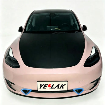 Front bumper fog light trim with dark triangular insert accents, for Tesla Model Y