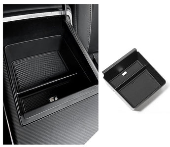 Center console organizer tray with textured compartments, divider, and small top opening