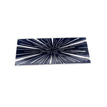 Rectangular 3D alloy badge with blue starburst rays and silver trim border