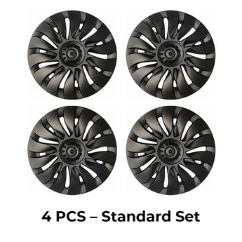 Four black split-spoke wheel covers with center hubs for standard set