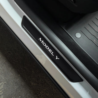 LED illuminated Tesla Model Y door sill protector, satin black panel with MODEL Y text