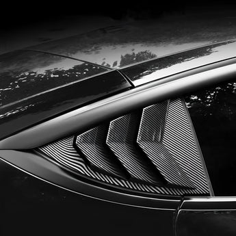 Rear side window louvers with carbon-fiber texture and curved vent slats in dark black