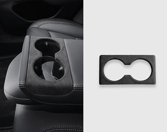 Rear cup holder cover, dark charcoal Alcantara with dual cup cutouts
