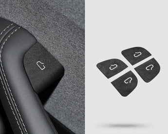 Charcoal Alcantara door button wrap sticker set with white speaker icons, 4-piece