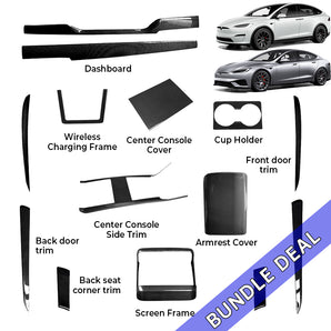 Black carbon fiber dashboard and console trim pieces, plus cup holder and door inserts