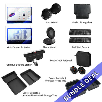 Assorted car interior accessories: screen protector, cup holder, phone mount, storage tray