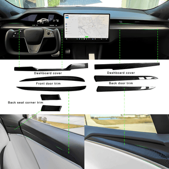 Carbon fiber dashboard and door trim installed in a Tesla interior, black weave
