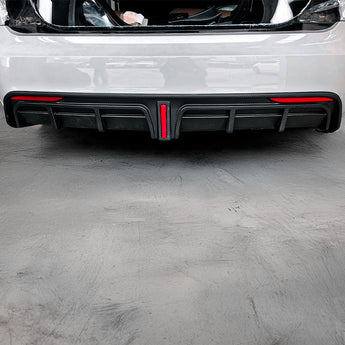 Carbon fiber rear diffuser with LED brake light, black mesh fins and red light strip