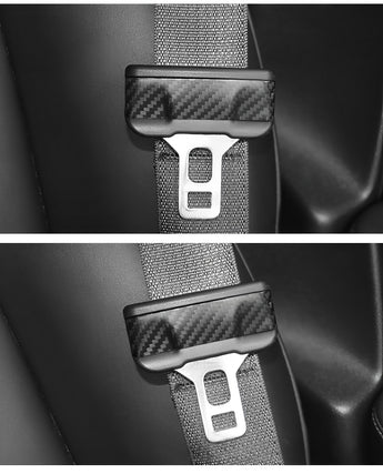 Carbon fiber seat belt cover with metal-look latch cover, split-top view