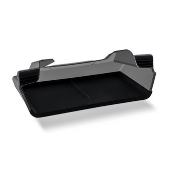 Black under-screen storage tray with raised sides and open center