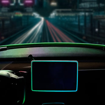 Custom-fit LED ambient neon light strip, green glow across dashboard edge