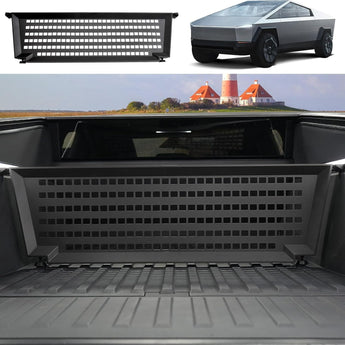 Truck bed cargo divider with perforated MOLLE panel and slotted storage rail