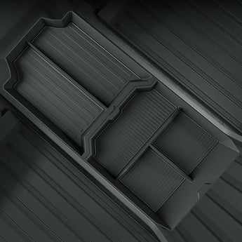 Central console storage tray organizer with ribbed long insert and cross-shaped divider