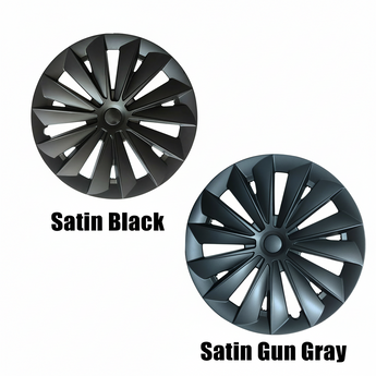 Cyclone-style Tesla Model Y hubcap wheel covers in satin black and satin gun gray