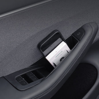 Car door storage organizer holding a phone and small accessories in black tray