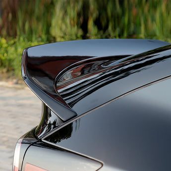 Glossy black rear spoiler wing with curved lip trim for Tesla Model Y