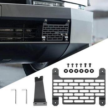 Front license plate holder mounted on vehicle bumper with included mounting hardware pieces
