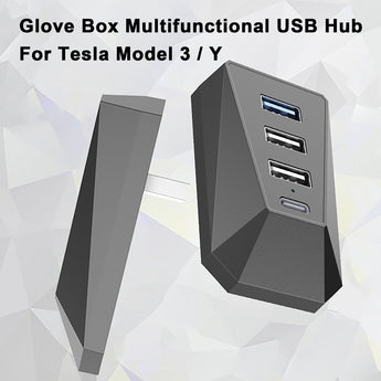 Angled dark gray USB hub with side ports for glove box mounting