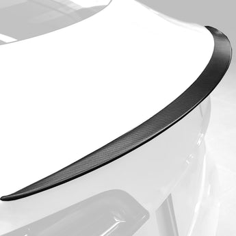 Carbon fiber rear spoiler lip in black weave with thin raised contour