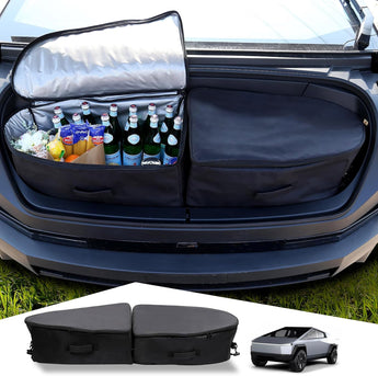 Black insulated front trunk cooler bag set with bottle side pocket and divider