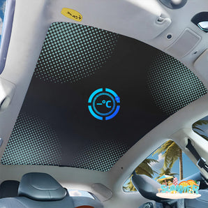 Car sunroof shade insert, black dotted mesh with thermometer-style heat icon