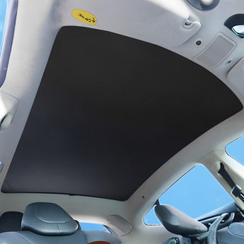 Dark sunshade panel covering panoramic roof opening from inside the vehicle