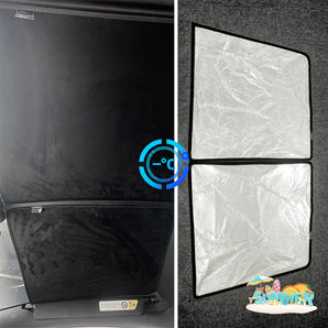 Two-piece front roof sunshade panels, reflective silver panels with dark trim