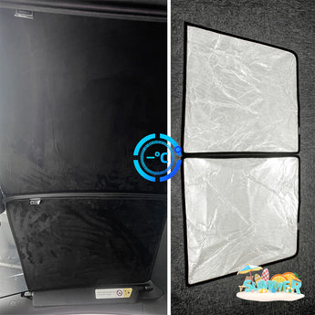 Two-piece front roof sunshade panels, reflective silver panels with dark trim