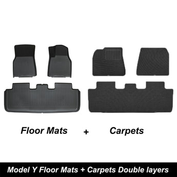All-weather floor mat set with dark carpets, double-layer pieces for front and rear