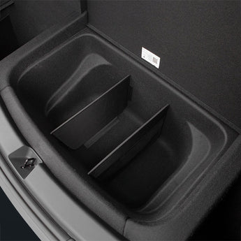 Sub trunk divider organizer with two separate bins in a molded cargo tray