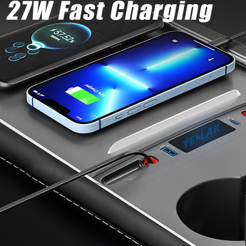 Gray USB hub with built-in ports for fast charging and retractable cables connected to devices.