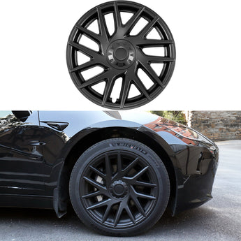 Two-view 18-inch black multi-spoke wheel cover with round center cap