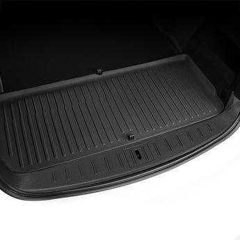 Black cargo-area trunk sill protector insert with ribbed texture and rectangular slot