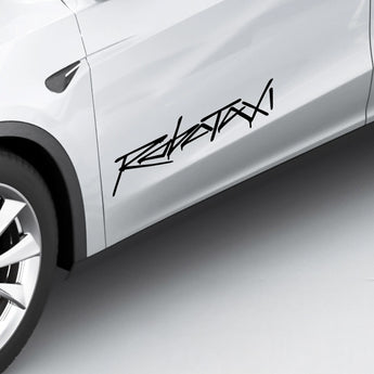 Black graffiti-style decal sticker applied along the side of a white car