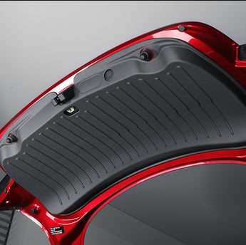 Rear trunk lid cover mat with molded recesses and ribbed grooves, dark gray