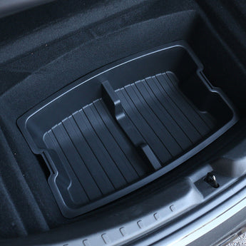 Rear trunk storage organizer insert with vertical divider and textured base