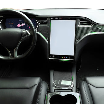 Carbon fiber dashboard trim surround around infotainment screen and center vents