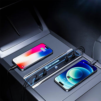 Installed car console USB hub with two phones charging and blue ambient LED lighting