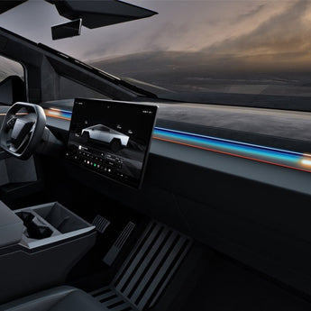 Glowing LED light strips along Cybertruck dashboard and center console