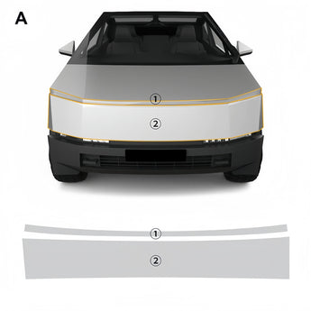 Pre-cut clear gloss PPF film for Tesla Cybertruck front, marked bumper and hood sections