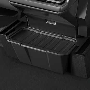 Installed rear center console storage box with ribbed tray and metal latch handle
