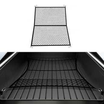 Black mesh truck bed cargo net with two panels and hanging corner hooks