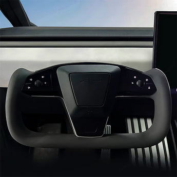 Black yoke steering wheel with central control panel insert for Tesla Cybertruck