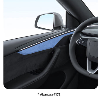 Alcantara door panel overlay set in dark blue on a Tesla Model Y interior door