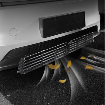 Front grille insert on bumper, black with silver horizontal slats