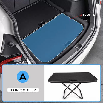 Type-A portable folding table insert with blue top panel and black base frame