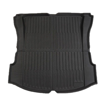 Black all-weather rear trunk mat, custom fit with raised channels and molded side walls