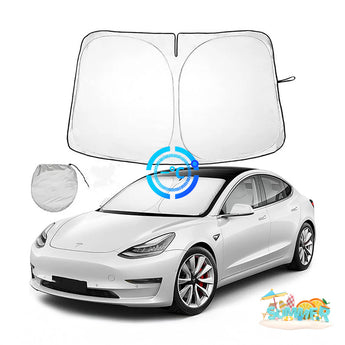Windshield sunshade set with two panels and matching storage pouch, on vehicle
