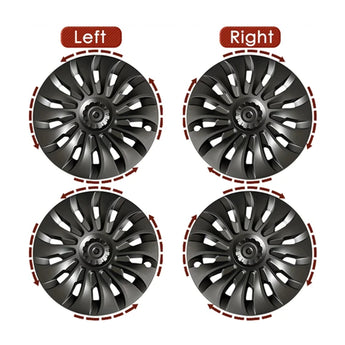 Pair of black wheel covers showing left and right fitment sides